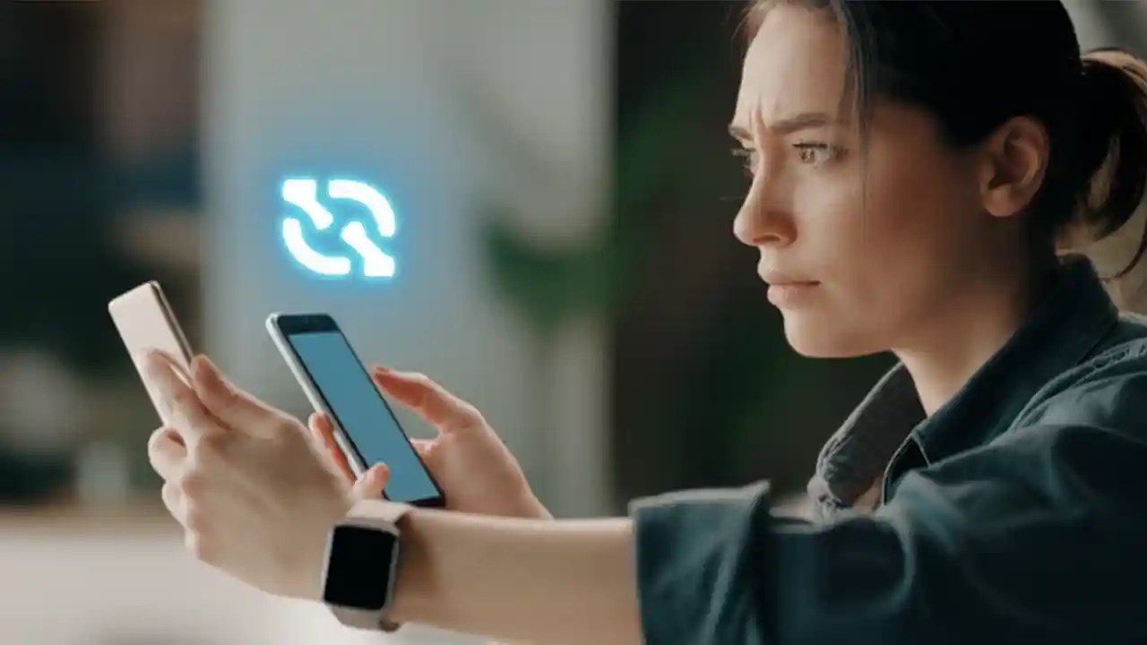 A user holding an Android phone and a Fitbit watch, with a graphic overlay of a sync icon connecting them, illustrating the process of fixing sync issues.