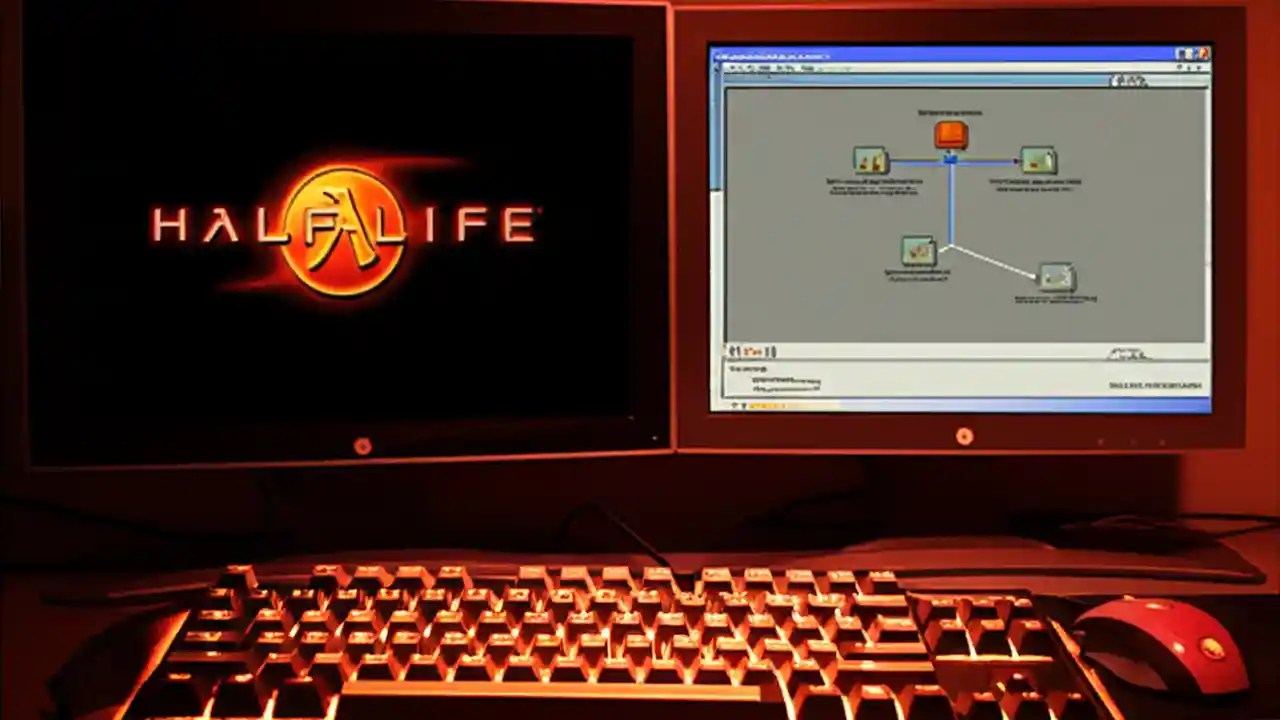 A desk setup with two monitors showing Half-Life and the Synergy software, illustrating how to fix server connection problems for gaming.