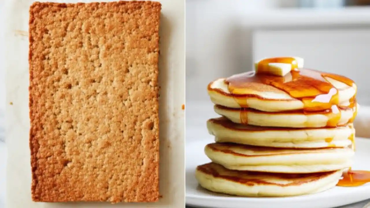 A side-by-side comparison showing a chewy, rectangular British flapjack and a fluffy, round stack of American pancakes with syrup.