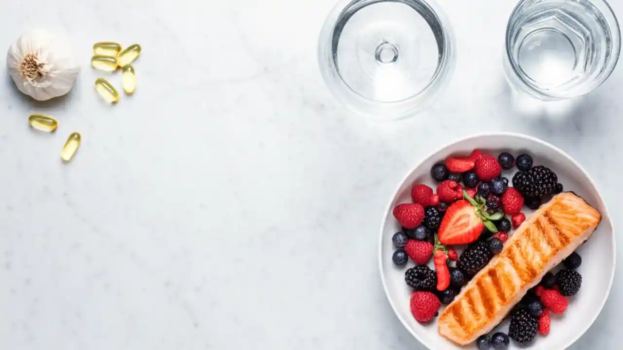 A flat lay image showing a calendar marked for surgery day, surrounded by foods to avoid like dairy, meat, and high-fiber grains.