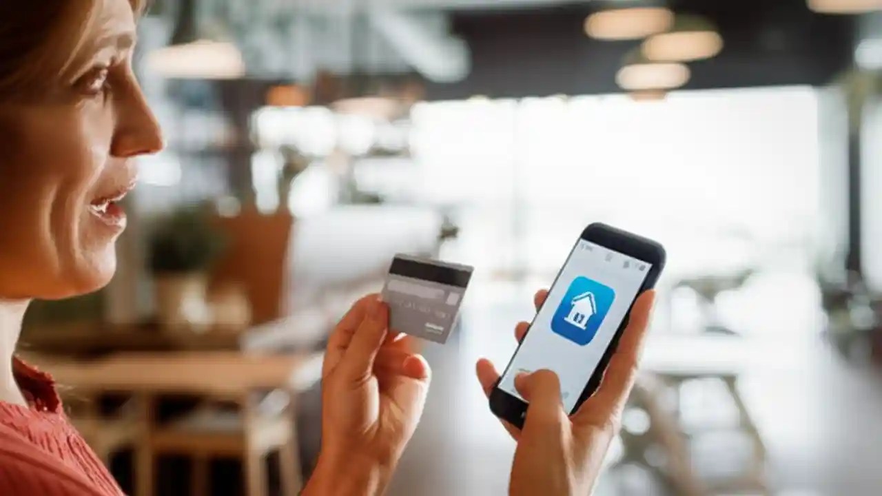A person holding a debit card and a smartphone, illustrating the process of resetting a forgotten PIN through a mobile banking app.