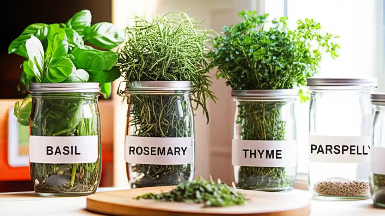A collection of fresh herbs and dried herbs in jars on a rustic kitchen counter, illustrating the guide on herb conversion.