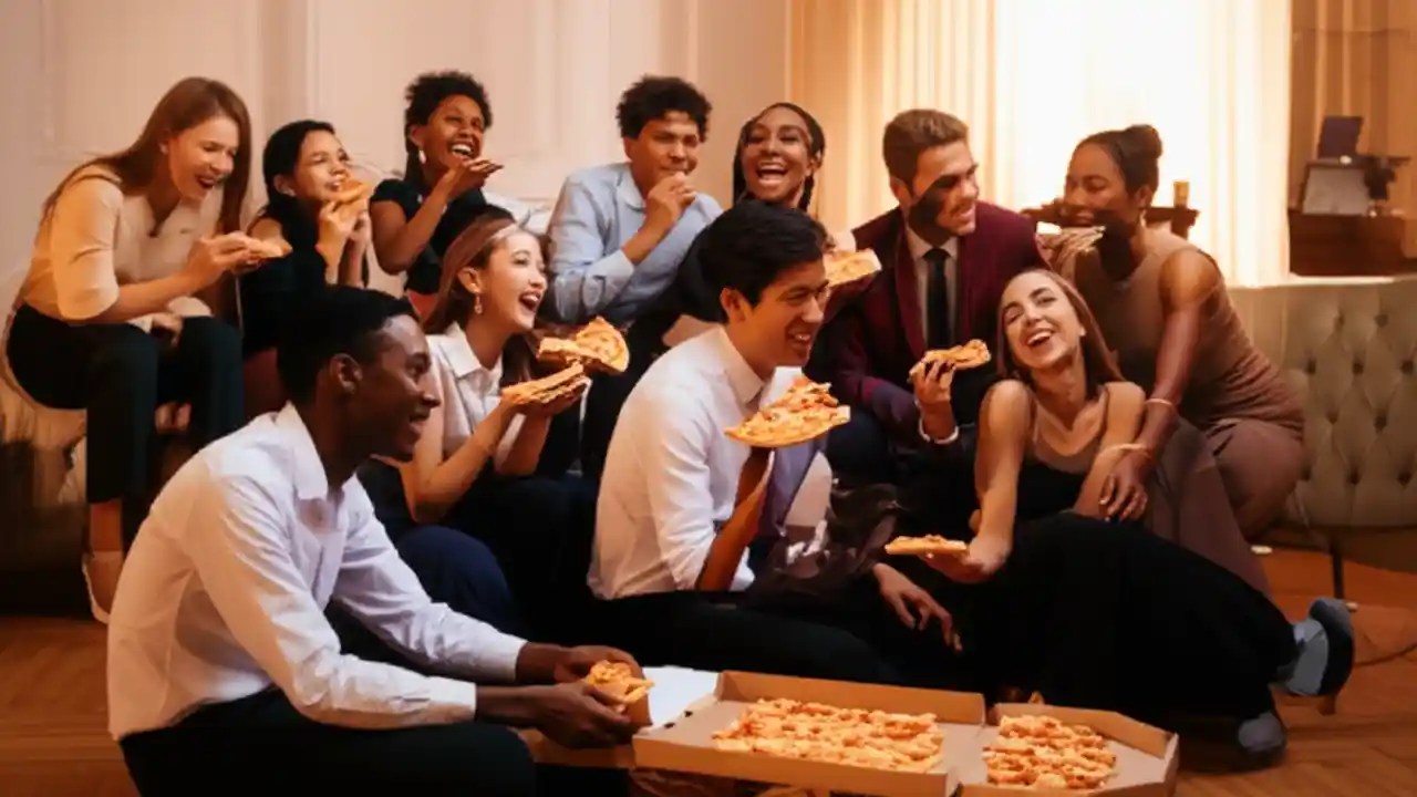 A group of friends enjoying pizza at a casual get-together after their high school Homecoming dance.