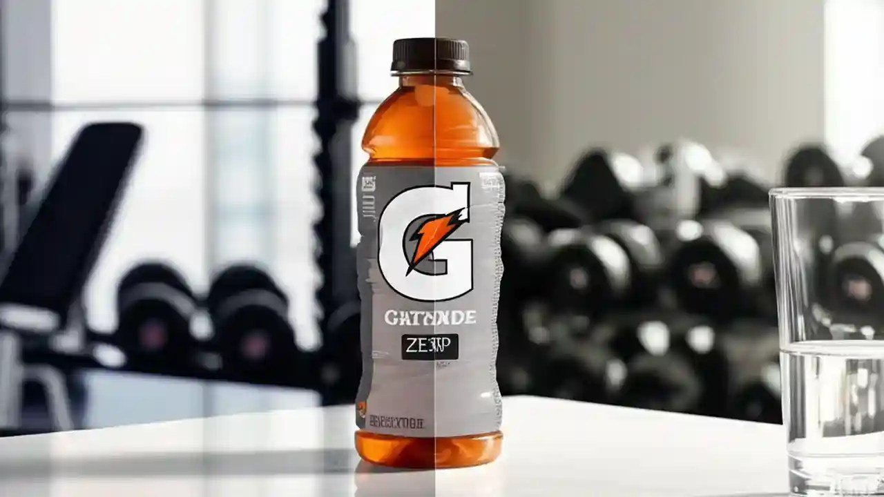 A bottle of blue Gatorade Zero on a counter, with a gym on one side and a glass of water in a home setting on the other.