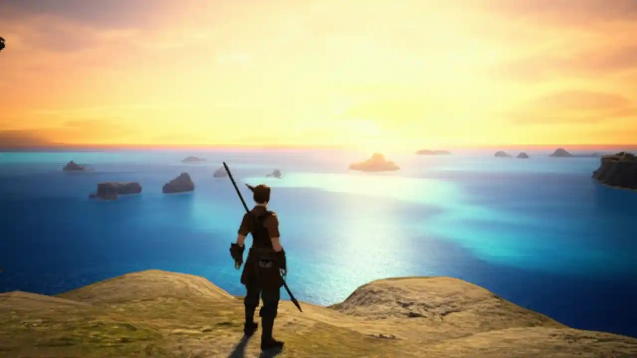 A new adventurer in starting gear looking out over the scenic landscape of La Noscea in Final Fantasy XIV.