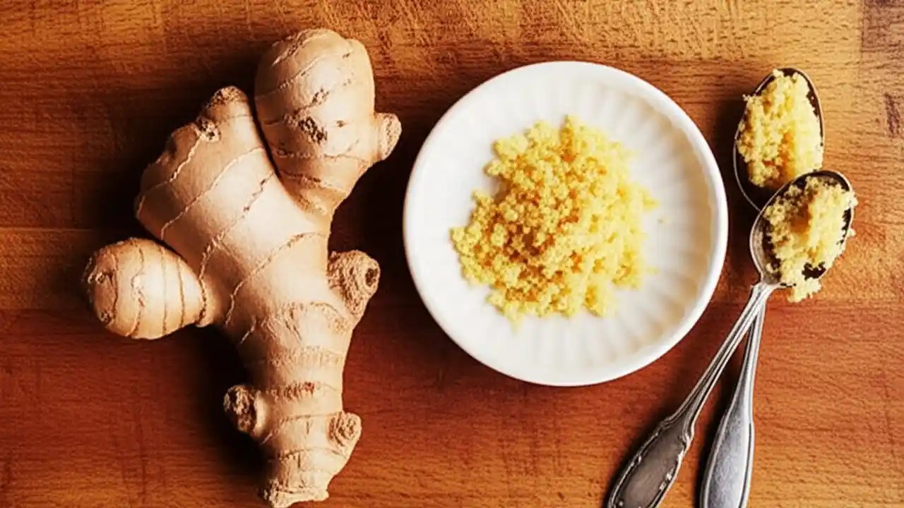 A piece of fresh ginger root next to a bowl of grated ginger, illustrating the conversion from a piece to teaspoons.