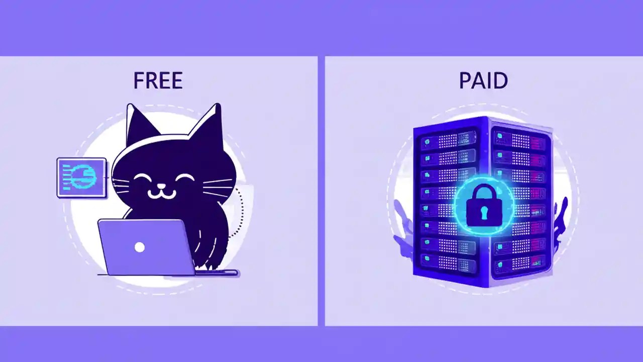 An illustration comparing the GitHub free plan, represented by the Octocat mascot, and the paid plans, represented by a secure server.
