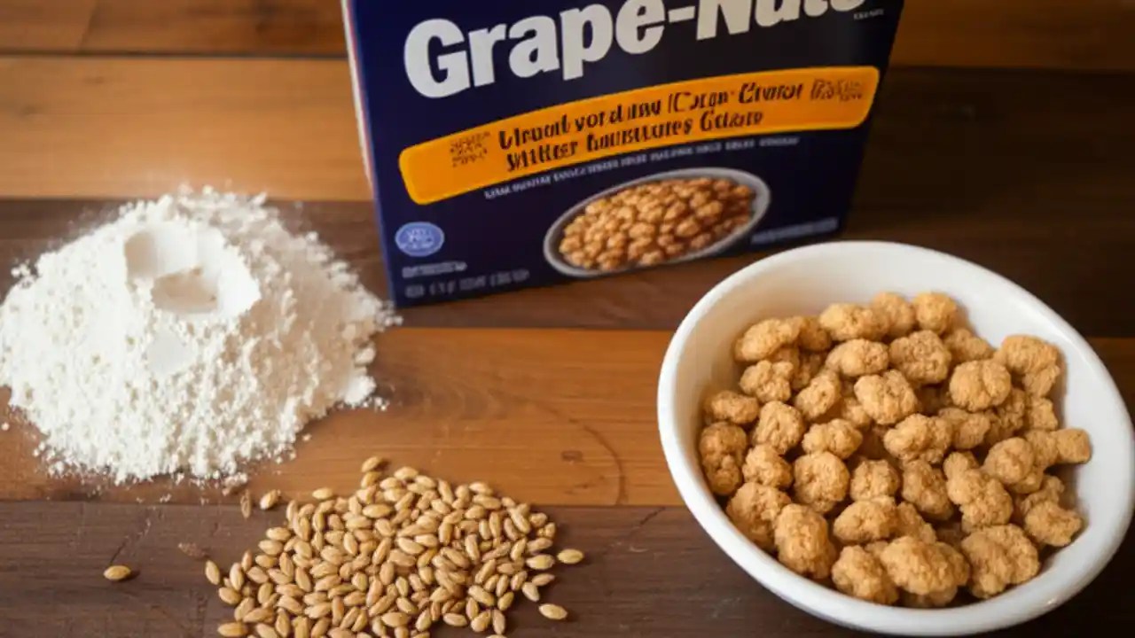 A close-up shot of a rustic bowl filled with Grape-Nuts cereal, showing its unique texture, with a milk bottle in the background.