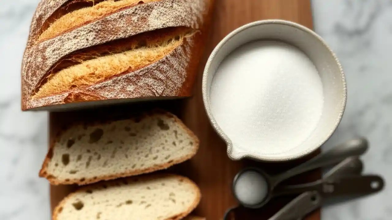 An artisan loaf of bread on a wooden board next to a small bowl of sugar, illustrating a guide to sugar in baking.