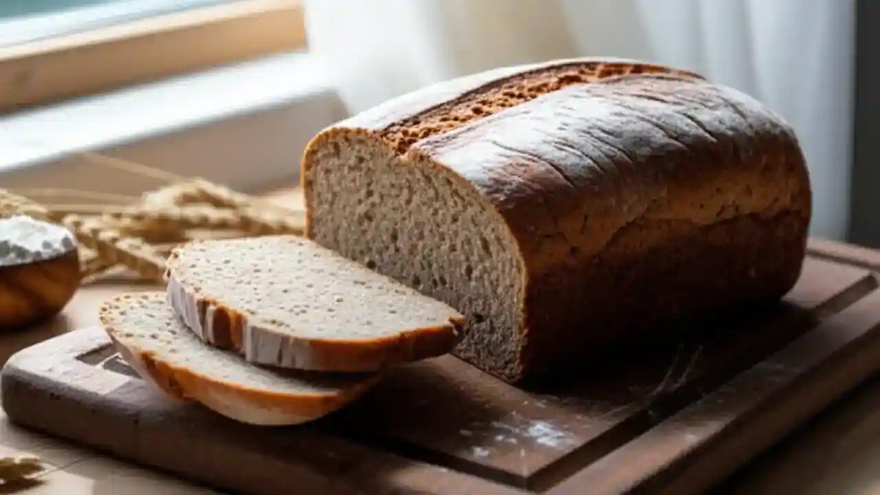 A beautiful loaf of healthy homemade whole grain bread, sliced to show its texture, sitting on a wooden board next to baking ingredients.