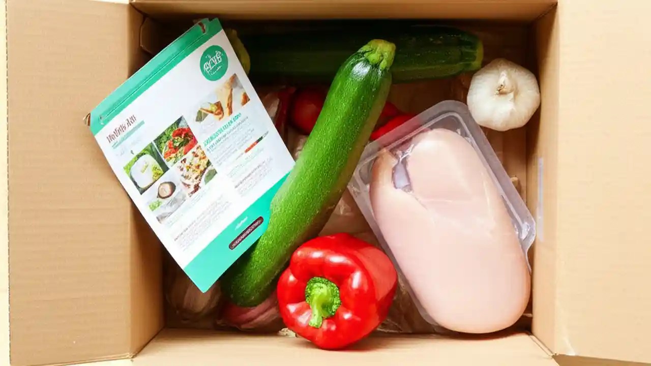 A person's hands unpacking an open HelloFresh box on a kitchen counter, showing the fresh ingredients and recipe cards included in the cost.