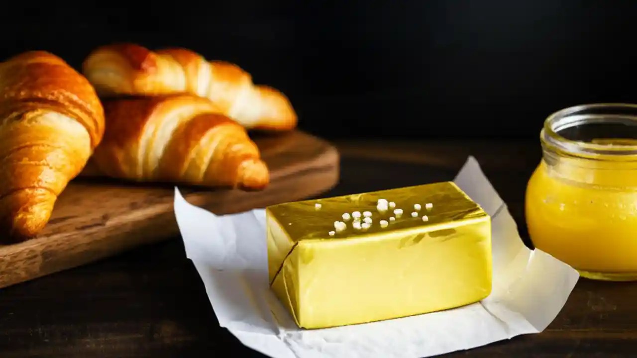 A visual comparison of high-fat butters, showing a block of European butter, croissants, and a jar of ghee on a kitchen counter.