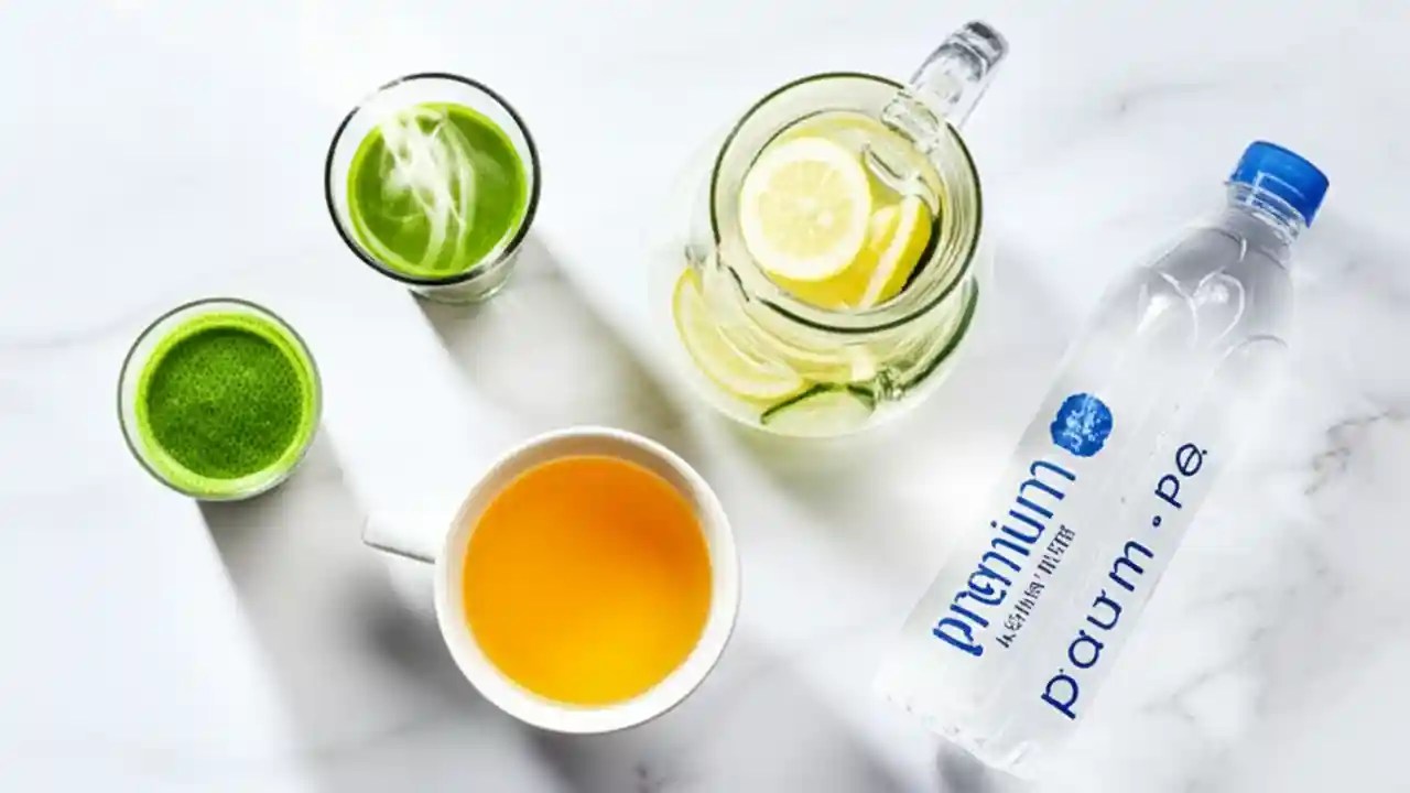 An overhead view of various high pH drinks, including alkaline water with lemon, herbal tea, and green juice, on a white background.