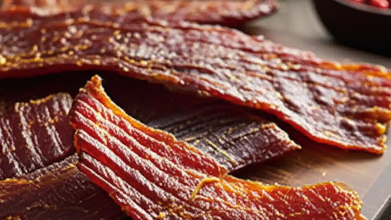 Several pieces of perfectly dried homemade turkey jerky arranged on a dark wooden board, showcasing their rich color and chewy texture.