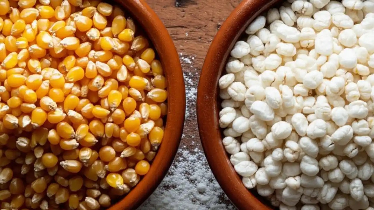 A side-by-side comparison showing raw, dried corn kernels on the left and a bowl of prepared, puffy white hominy on the right.