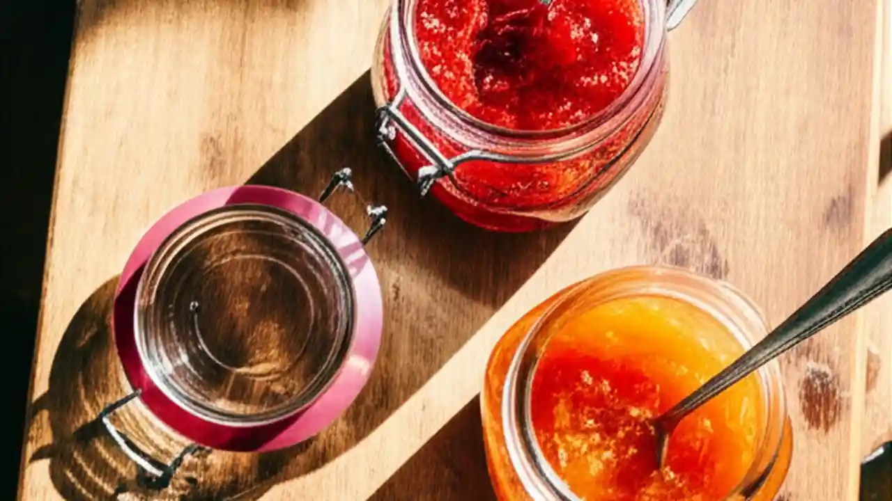 Three glass jars of strawberry, apricot, and blueberry jam on a wooden table, one of which is open with a spoon in it.