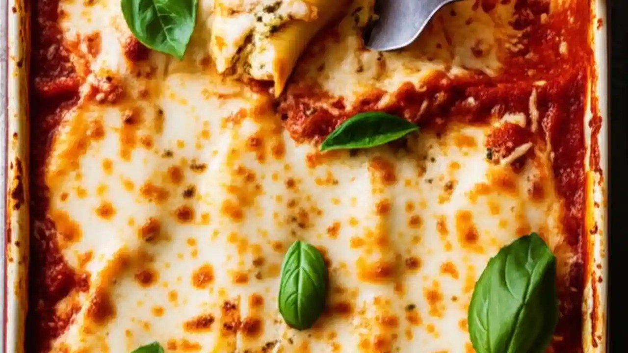 A top-down view of a baking dish filled with golden-brown stuffed shells, bubbly marinara sauce, and fresh basil garnish.
