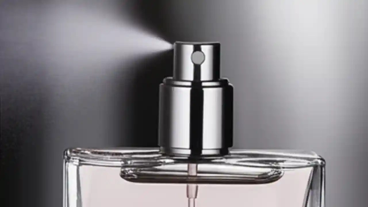 An elegant perfume bottle with a mist of fragrance being sprayed, illustrating a guide on how many sprays to use.