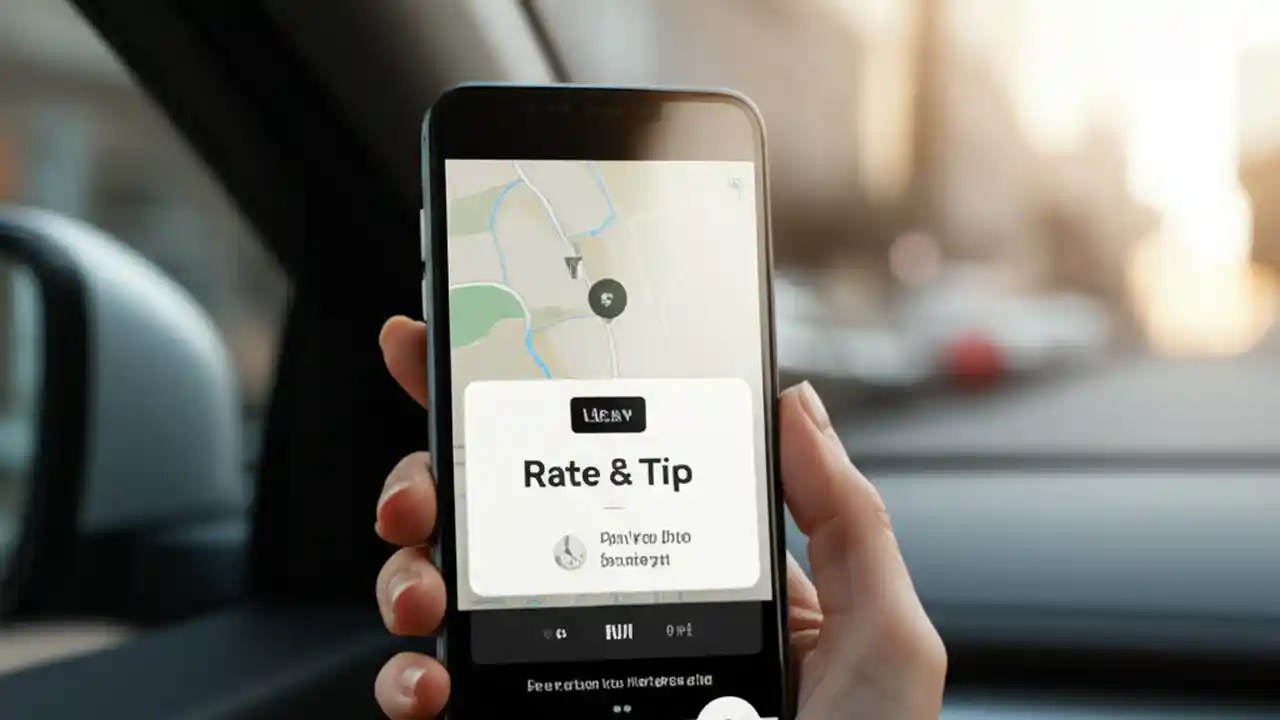A smartphone screen showing the Uber app's tipping options, with a friendly Uber driver smiling in the background of the car.
