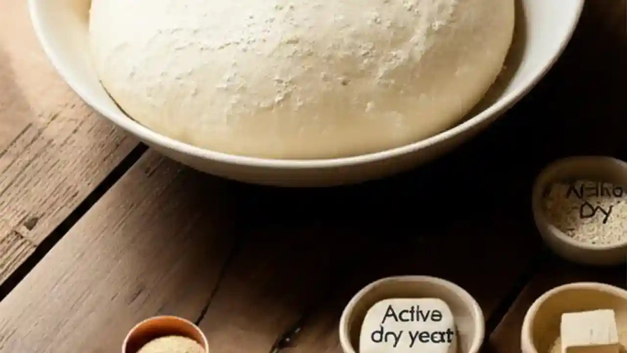 An overhead view of bread baking ingredients, including flour, a bowl of proofed yeast, and a risen dough in a basket.