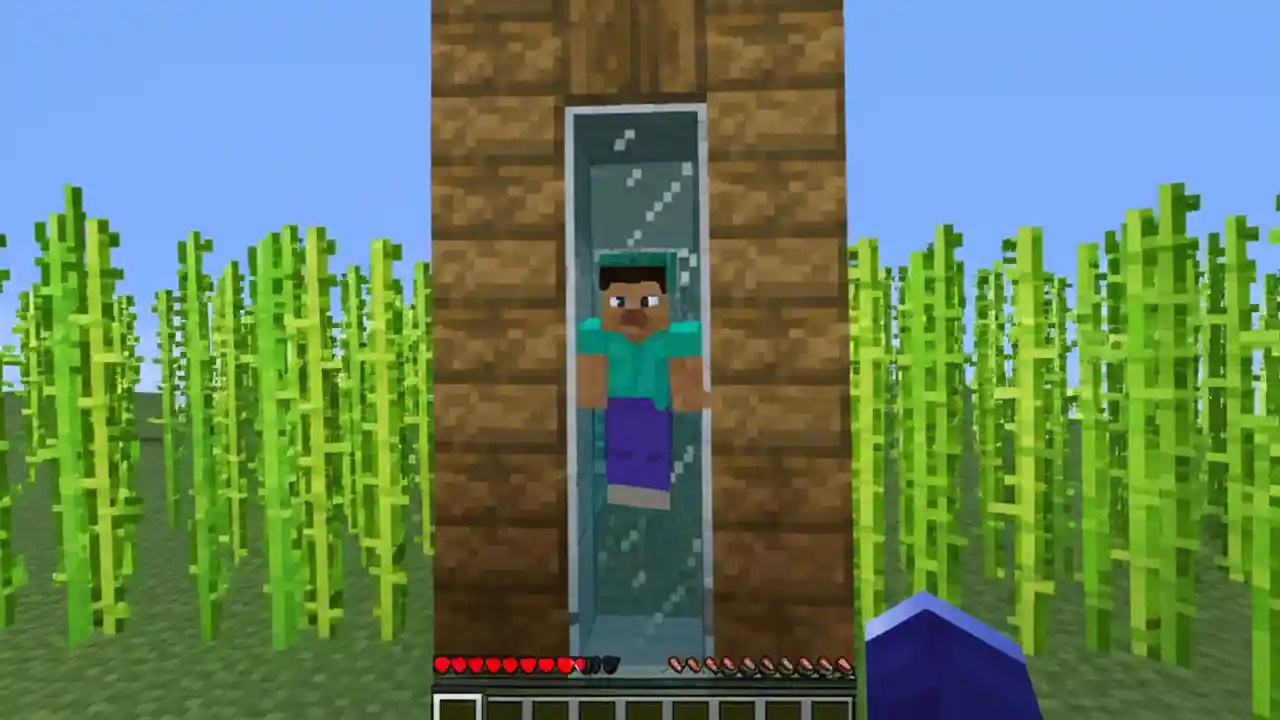 A view of a Minecraft character inside a safe cobblestone structure, AFKing in a water machine while their farms work in the background.