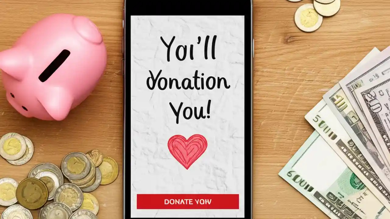 A top-down view of a handwritten donation letter, a smartphone with a fundraising page, and a 'Donate Now' button, illustrating examples.
