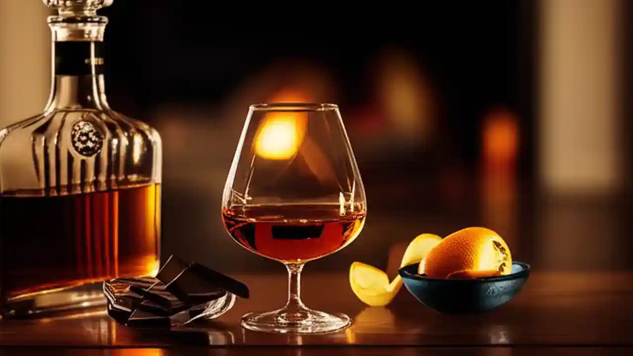 A person holding a brandy snifter glass with amber-colored brandy, demonstrating the proper way to drink it.