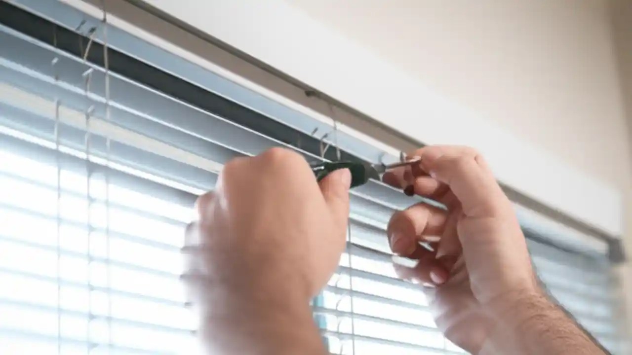 Step-by-step guide showing how to repair a broken Levolor window blind with a screwdriver on a white faux wood model.