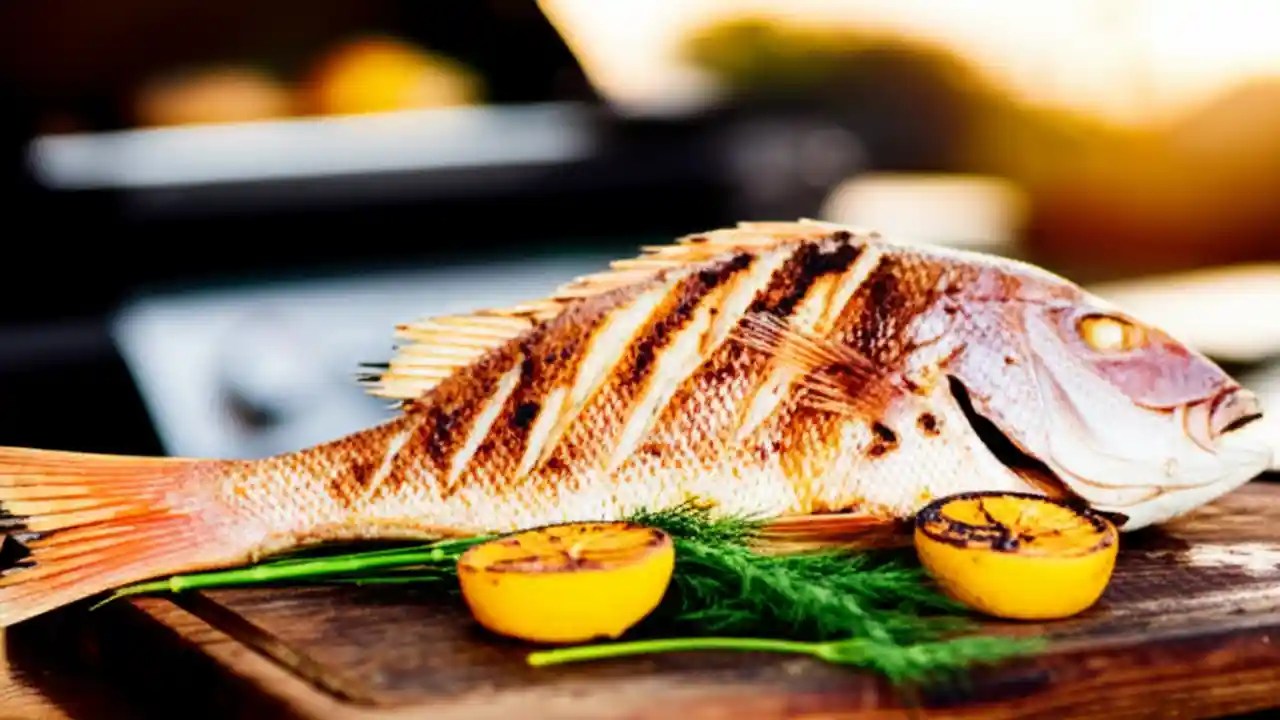 A whole grilled red snapper, with crispy skin and grill marks, is shown on a platter garnished with fresh lemon slices and dill.