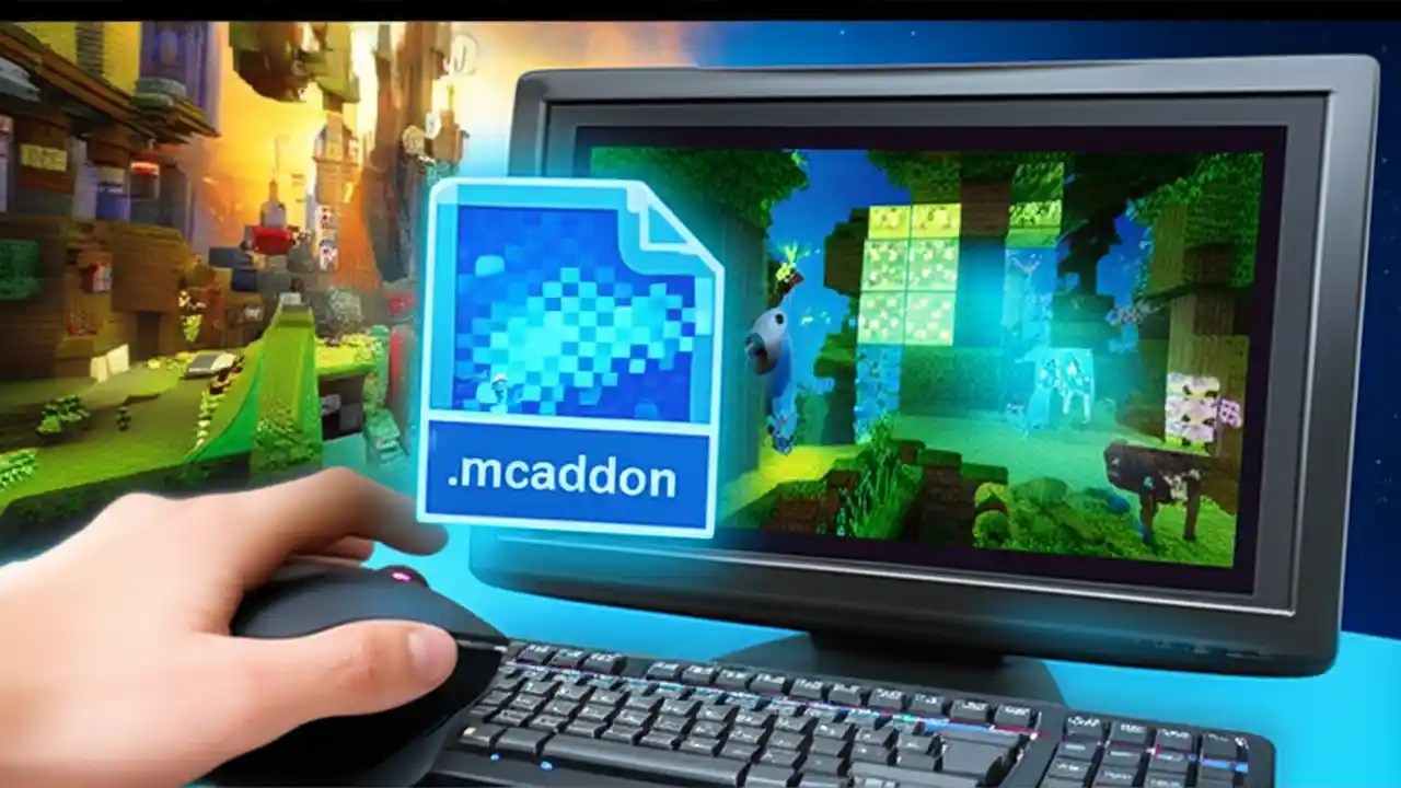 A player installing a .mcaddon file into Minecraft on their computer, with the game open in the background showing new add-on content.
