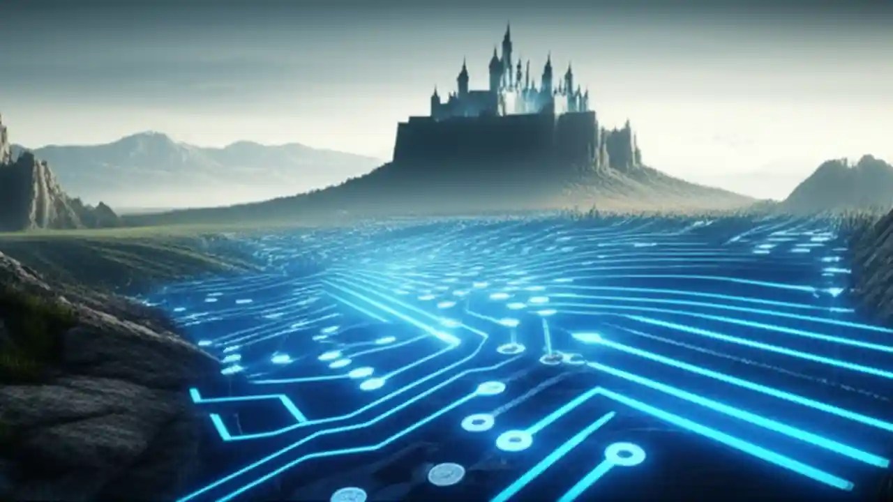 A digital representation of installing a mod, where glowing blue circuit patterns merge with a beautiful fantasy landscape, symbolizing game modification.