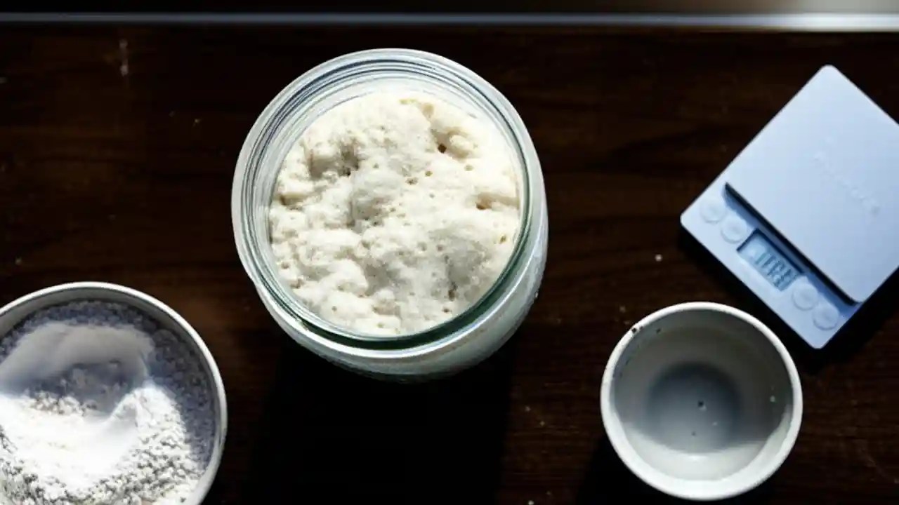 An overhead view of a bubbly sourdough levain in a glass jar, next to ingredients like flour and water on a wooden table.