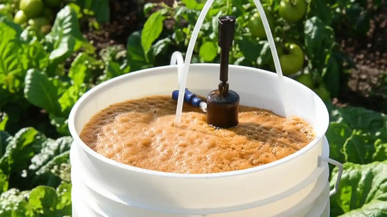 A 5-gallon bucket of freshly brewed, frothy compost tea sits in a garden, with an air pump actively aerating the liquid.
