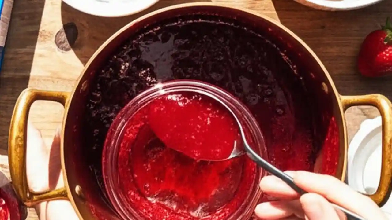 A person ladling freshly made strawberry jam into a glass jar, with ingredients like fresh strawberries and pectin visible on the counter.