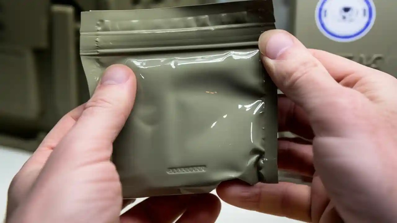 Close-up of a military MRE pouch showing the 4-digit Julian date code used to determine its manufacturing date and shelf life.