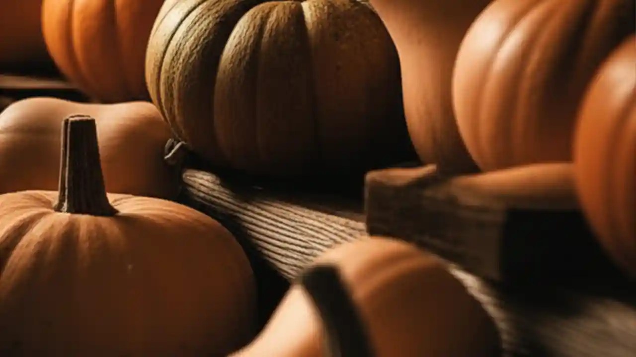 A variety of cured winter squash, including butternut and acorn, resting on rustic wooden shelves for long-term winter storage.