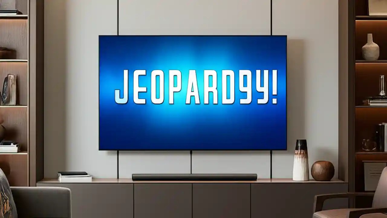 A television in a comfortable living room displaying the Jeopardy! game board, illustrating the different ways to watch the show.