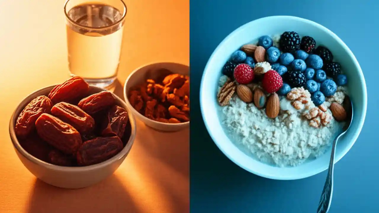 A visual comparison of an Iftar meal with dates and water at sunset and a Suhoor meal with oatmeal and fruit before dawn.