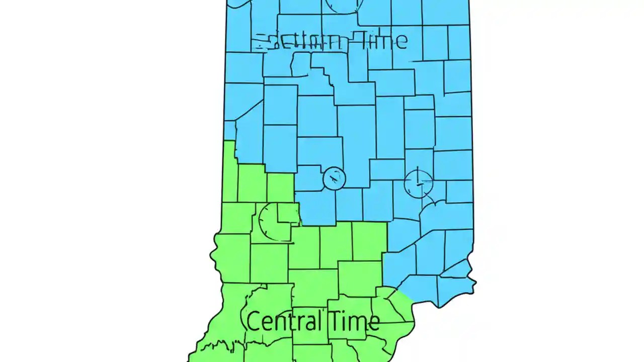 A map of Indiana illustrating the 80 counties in the Eastern Time Zone and the 12 counties in the Central Time Zone as of 2026.