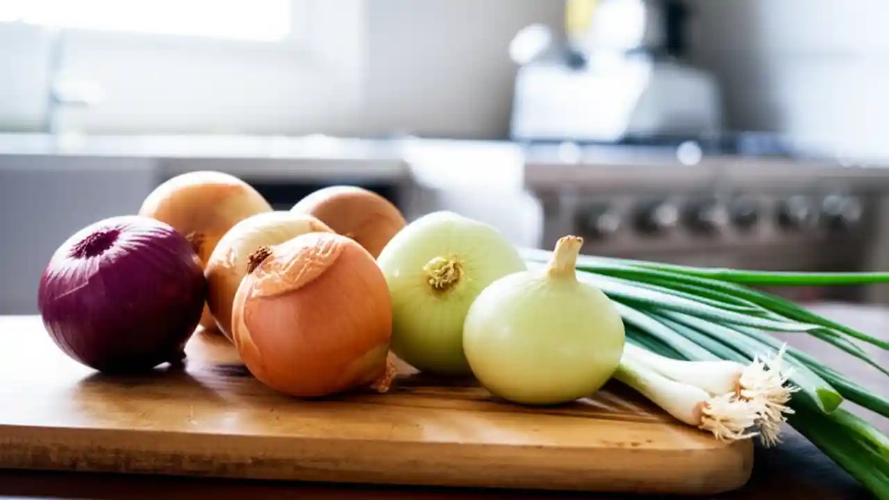 A top-down view of various keto-friendly onions, including scallions, chives, red, white, and yellow onions, on a wooden board.