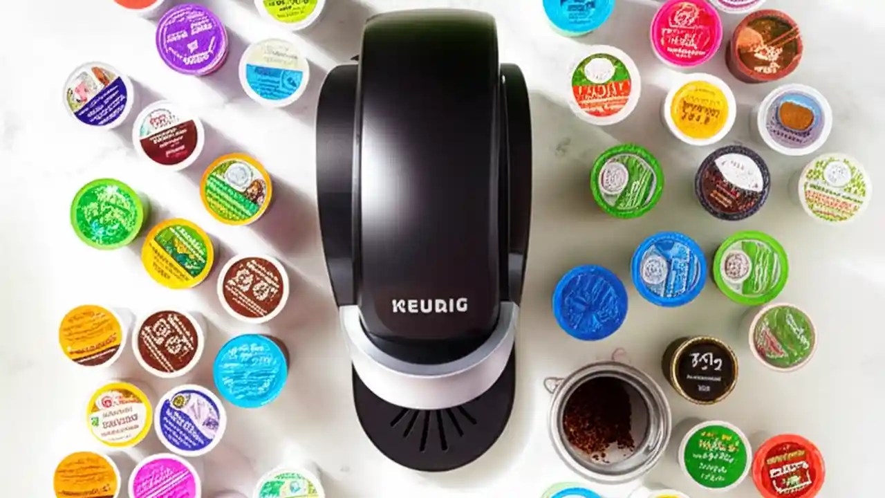 A Keurig coffee brewer surrounded by different types of compatible coffee pods, including K-Cups and a reusable filter.