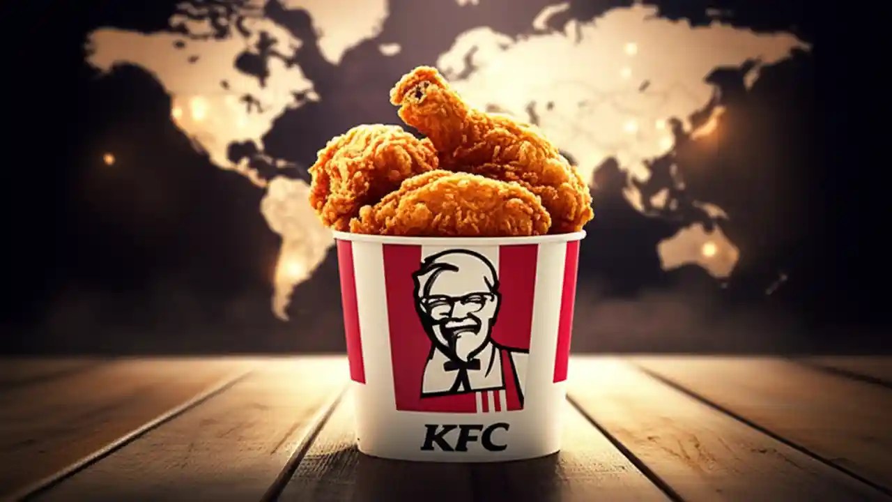 A KFC bucket of Original Recipe fried chicken sitting on a table with a glowing, stylized map of the world in the background, showing its global reach.