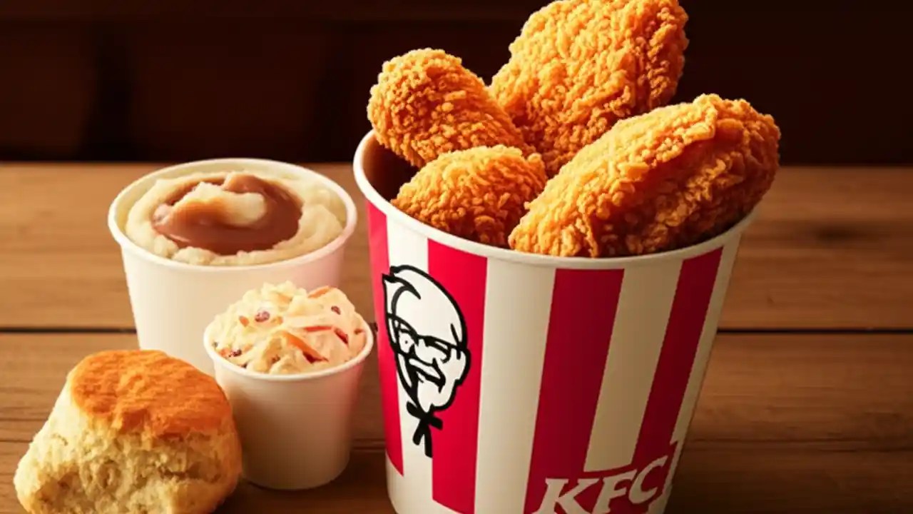 A complete KFC meal with a bucket of chicken, mashed potatoes, coleslaw, and a biscuit on a table.