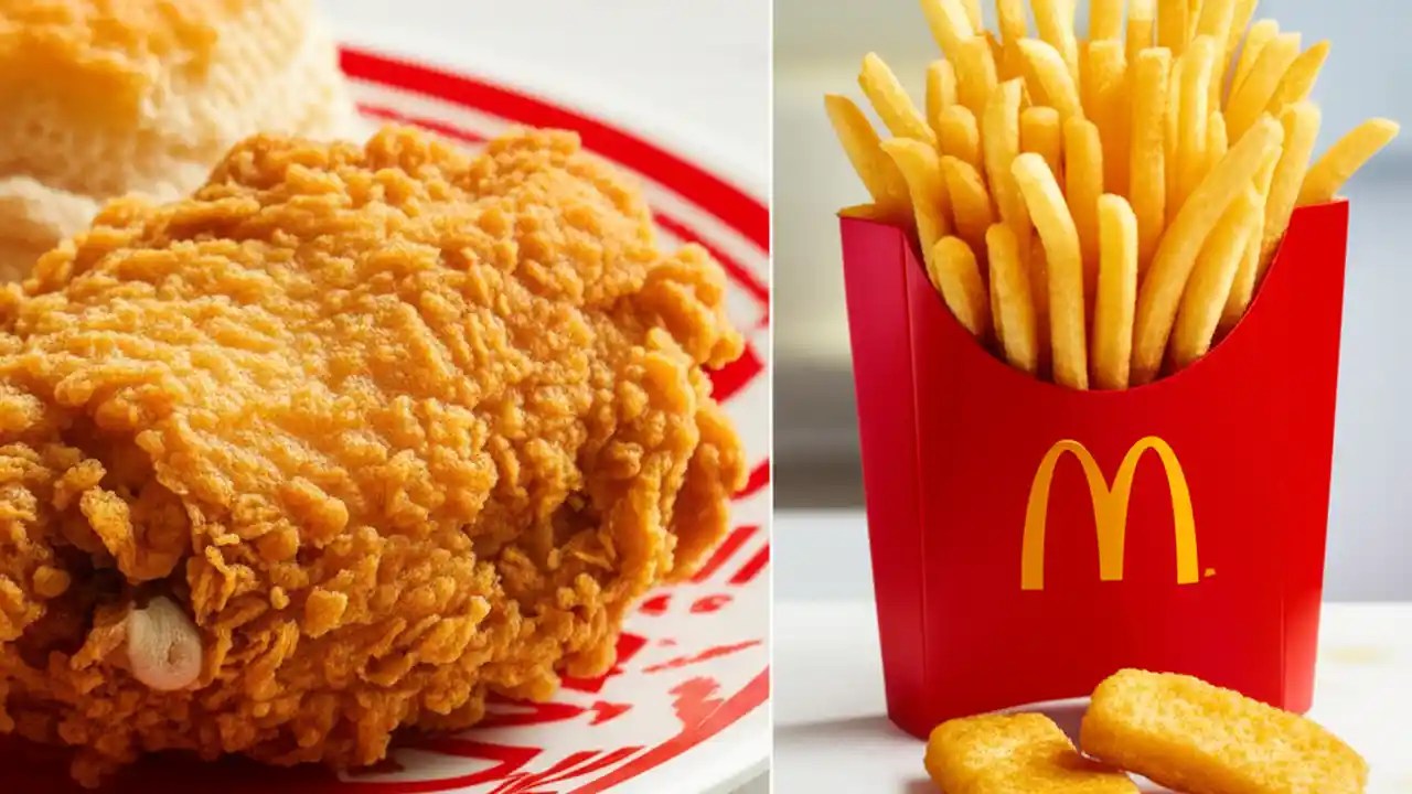 A split image showing a bucket of KFC fried chicken on the left and a McDonald's Big Mac and fries on the right, comparing the two brands.
