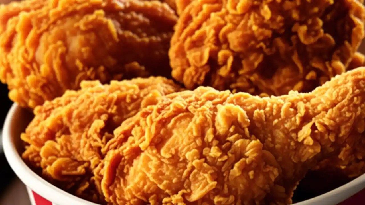 A full bucket of KFC's famous Original Recipe fried chicken, used to illustrate the brand's massive weekly global chicken servings.