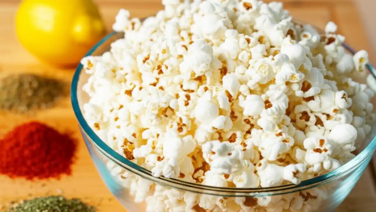 A clear bowl of plain popcorn, a safe snack for a kidney disease diet, with herbs and spices like paprika nearby for salt-free flavoring.