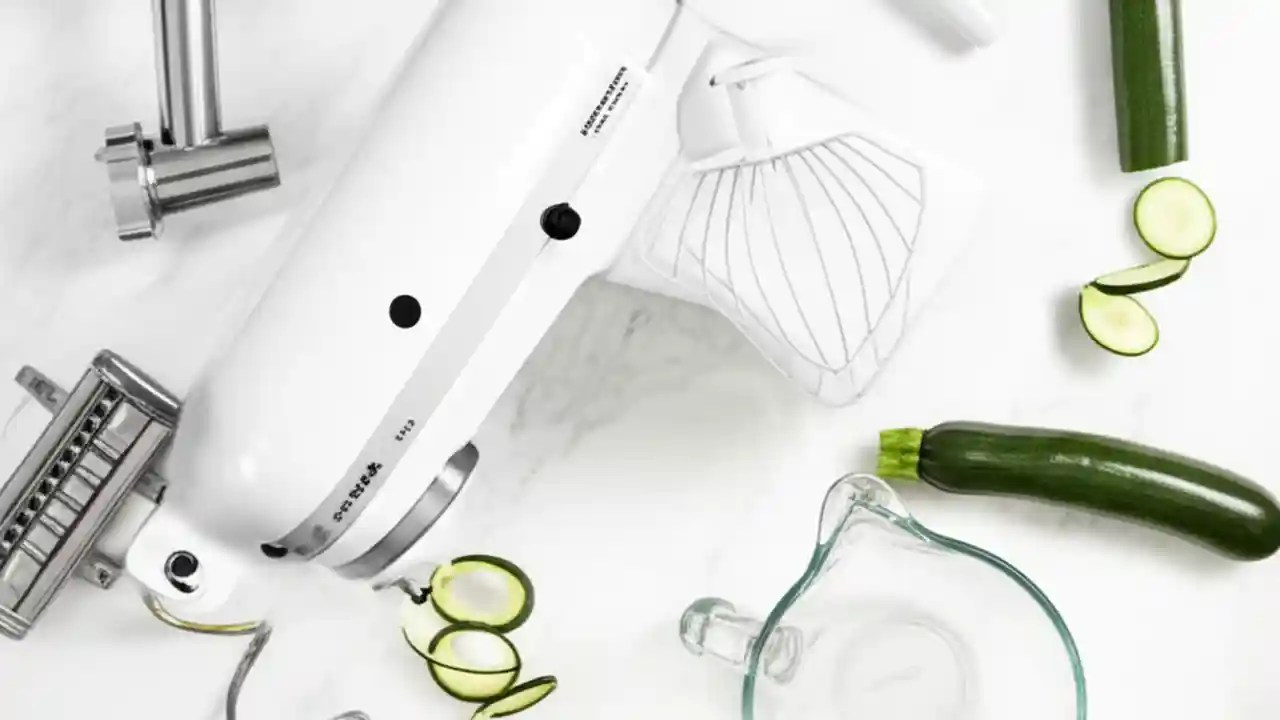 A KitchenAid stand mixer on a counter surrounded by various attachments like a pasta roller, meat grinder, and spiralizer.