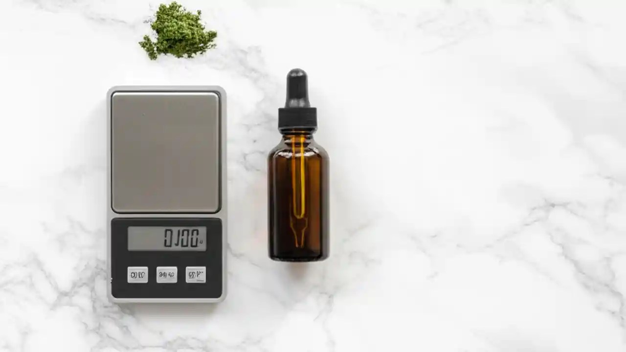 A milligram scale displaying a beginner's dose of kratom extract powder next to a liquid kratom tincture bottle, illustrating safe dosage.