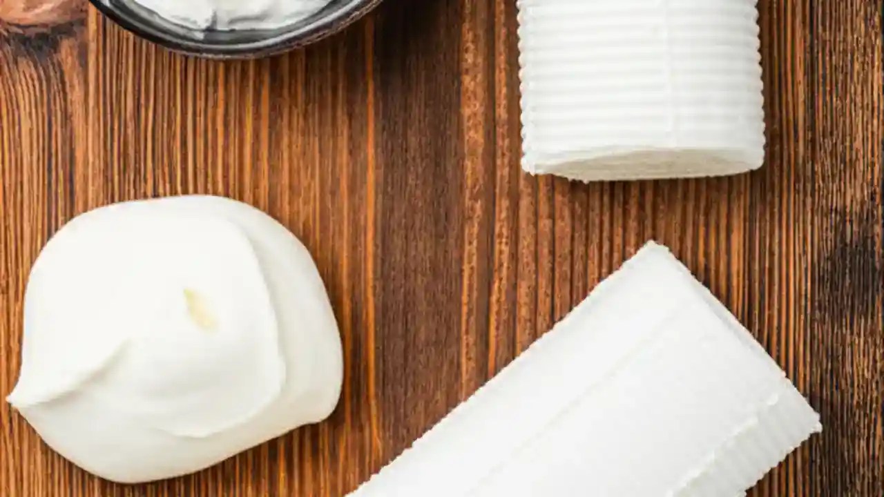 A wooden board displaying low-potassium cheeses including cream cheese, goat cheese, and mascarpone, suitable for a renal diet.