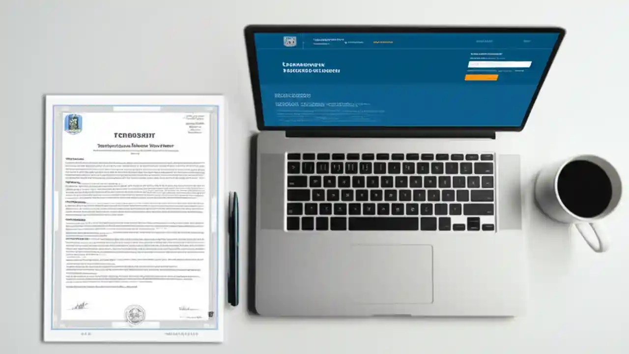 A desk with a laptop showing a transcript request form, representing the process of submitting academic transcripts to LSAC for a law school application.